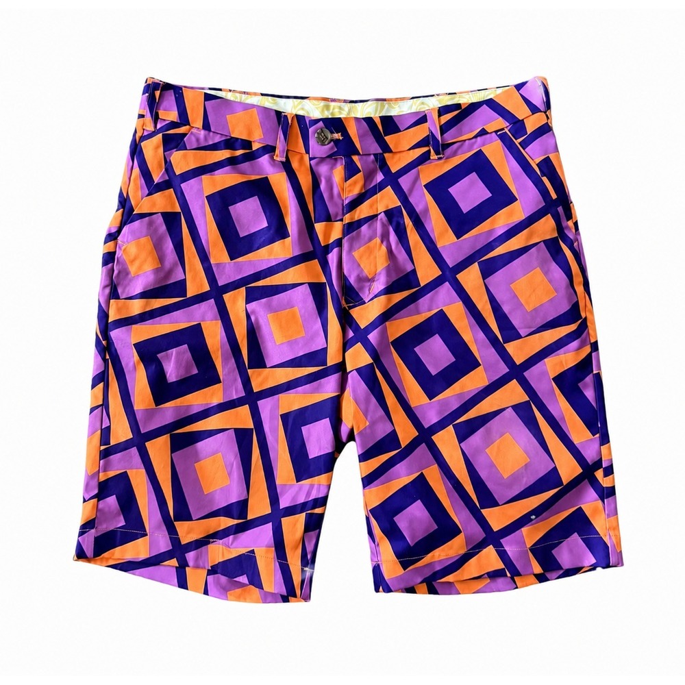 Loudmouth Golf Shorts Men 36 Pink Orange RetroGeometric Stretch 11 Inseam